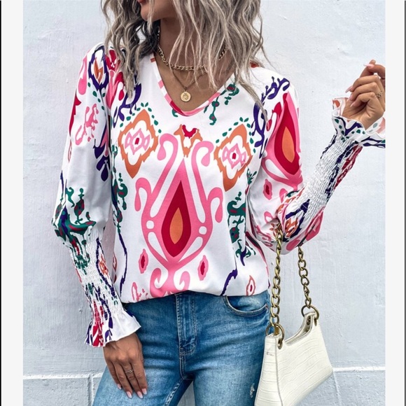 Boho Abstract Shirred Smocked Cuff Long Sleeve Top Blouse - Picture 4 of 6